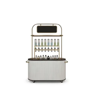 Modern Minimalist Perfume Bar Stand Curved White Counter Gold Metal Frame LED Eco Friendly Customizable Luxury Retail