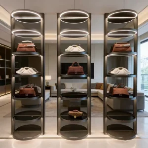 Modern Minimalist Spinning Stainless Steel LED Shoe Bag Exhibition Stand Custom Size Eco Friendly Waterproof Display Cabinet