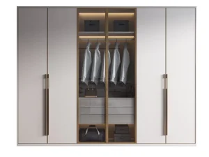 Modern Minimalist Walk in Closet Glass Wardrobe Open Shelves Plush Sofa Ample Lighting