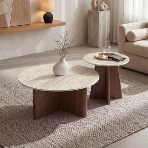 Modern Minimalist Wooden Marble Round Small Coffee Table Set Living Room Furniture for Home Vintage Unique Decor Latest Design