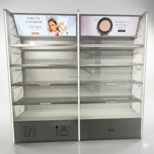Modern Pharmacy Display Shelf White Metal Toiletry Display Stand with Lightbox for Drugstore and Healthcare Shop