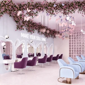 Modern Purple Luxury Beauty Salon Interior Design with Custom MDF Furniture Hair Stations Nail Tables and Turnkey Fit Out