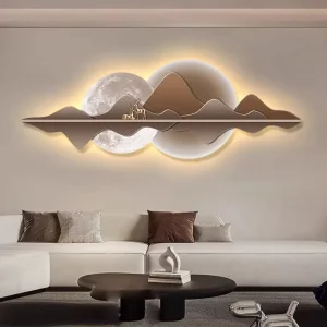 Modern Simple Luxury Living Room Chinese Landscape Scenery Crystal Porcelain Sofa Background Wall Painting with LED Lights