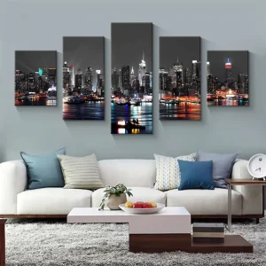 Modern Urban Landscape Poster Wall Art 5 Panels Digital Printing Cloth Painting Printmaking Home Living Room Wall Decoration