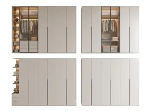 Modern Wardrobe Set Light Beige Finish with Glass Display Doors and Built-in Lighting