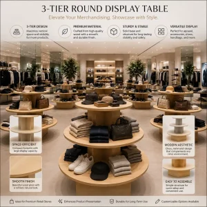 Modern White Melamine 3 Tier Round Wooden Display Stand For Luxury Cosmetics Clothing Retail Store Floor Showcase Fixture