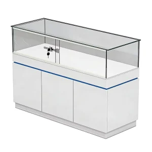 Modern White Retail Showcase with Locking Glass Top Blue Accent Line and Three Door Base Cabinet for Shops and Clinics