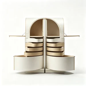Modern Wood Grain Symmetrical Display Cabinet with Arched Top and Curved Drawers for Boutique Showroom