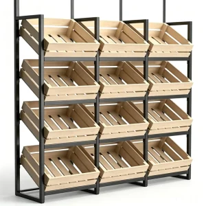 Modular Black Metal Display Rack with 12 Tilted Wood-Grain Crates for Supermarket Produce Section