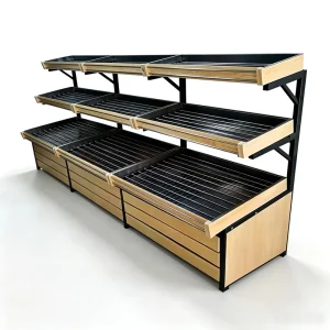 Modular Black Metal Produce Display Stand with Laminate Wood Grain Frame and Wire Mesh Tiers for Supermarket Fresh Section