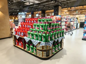 Multi-Tier Curved Retail Display Stand Steel-Wood Shelving for Detergents and Household Products