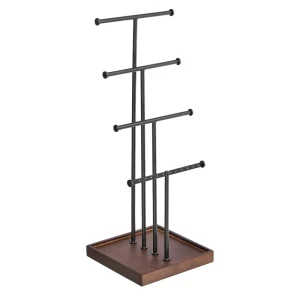 Multi Tier Metal Jewelry Tree Stand Wooden Base T bar Necklace Bracelet Earring Display Holder Modern Tabletop Organizer Retail