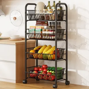 Multi-Tier Movable Carbon Steel Storage Cart, Rustproof Metal Organizer, Crevice Gap Rack for Fruits & Vegetable Display Storage