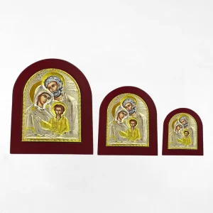 Multiple Sizes Eastern Orthodox Holy Family Icon with Golden Detailing and Red Arched Frame Christian Sacred Art