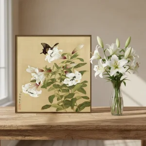 Museum Collection Level Reproduction Traditional Chinese Flower Painting Square Shaped Aluminum Alloy Walnut Frame Eco Friendly
