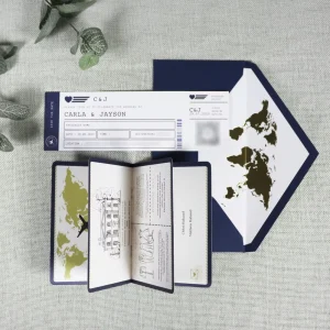Navy Paper Handmade RSVP Cards Passport Booklet Invitations With Gold Foil Envelope