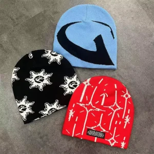 New Arrival Designer Hand Embroidery Beanie Hats Warm Mohair Jacquard Winter Knitted Skull Cap Mohair Unisex Beanie