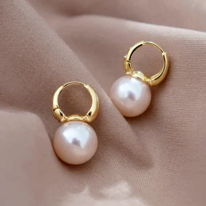 New Cute Gold Plated Large Pearl Studs Earrings Wedding Fashion Jewelry Gifts Round Hoop Earring for Women