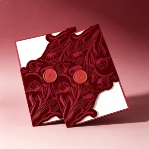 New Luxury Burgundy Flower Velvet Wedding Invitations Embossed Bridal Invitation Cards Kits 5×7 Wraps Pocket Invites Holder