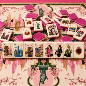 New York Street Lady American Mahjong Set 160 Engraved Color Filled Acrylic Tiles Bright Rose Pink Backs Luxury Gift Set NewYork