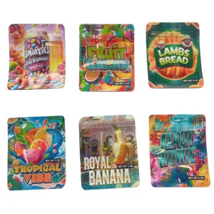 Newest Designs Holographic Exotic Die Cut 3.5g/28g Ziplock Mylar Bags Smell Proof Resealable 350g Box Packaging Set for Tobacco