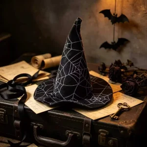Non Woven Mini Witch Hat Spiderweb Print Halloween Party Decor Floppy Brim Tabletop Tiered Tray Shelf Ornament