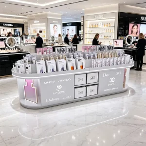 OEM Cosmetic Gondola Display Cabinet Beauty Skincare Retail Promotion Stand With LED Light for Chain Store
