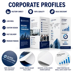 OEM Custom Tri-Fold Flyer Catalog Leaflet Brochure Printing Service with Hard Cover Including Postcard Flyer