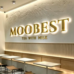 OEM Manufacturer Custom 3D Gold Stainless Steel Halo Lit Reverse Channel Letters LED Logo Sign for Bubble Tea Shop Chain