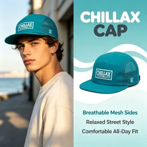 OEM ODM Bulk Supply Custom Logo 5 Panel Breathable Wave Woven Patch Beach Outdoor Hat Turquoise Mesh Side 5 Panel Camper Cap