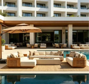 OEM ODM Durable Luxury Minimalist Garden Dining Sofa Set All Weather Teak Wood Rope Woven Outdoor Furniture for Villa Hotel