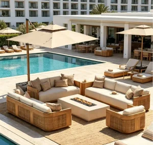 OEM ODM Luxury Minimalist Garden Sofa Set All Weather Teak Wood Rope Woven Outdoor Furniture for Villa Hotel Resort Project