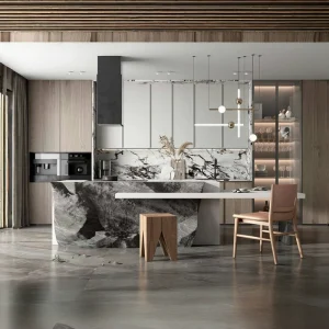 OEM ODM Supported Luxury Modern Kitchen Cabinet Set with Marble Island and Wooden Ceiling Design Featuring Glass Display Cabinet