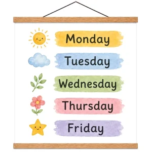 Oak Wood Hanging Scroll Educational Learning Poster Monday to Friday Vocabulary Chart Kids Classroom Nursery Wall Decor