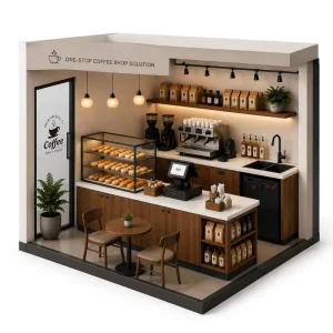 One Stop Retail Store Fitting Coffee Shop Interior Design Heavy Duty Waterproof Eco Friendly Powder Coated Modular Fixtures
