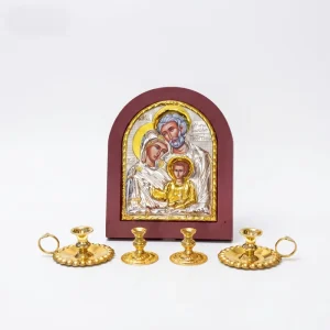 Orthodox Holy Family Icon Set with 4 Candlesticks Gold Silver Relief Religious Icon for Home Altar Baptism Housewarming Gift