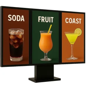 Outdoor 2500-Nit Triple-Sided Vertical LCD Digital Signage Display with Restaurant and Bar Menu Board Stand Totem