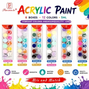 Panwenbo 12 Colors Mini Acrylic Paint Set PVC Box Nox toxic Water Based Paint Acrylic Paints Strips for Kids Adults Craft Paint