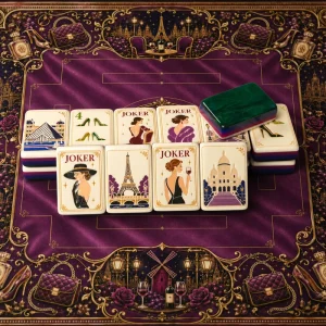 Parisian Luxury Mahjong Set with Eiffel Tower Tiles Green Marble Backs Custom Bag and Game Card
