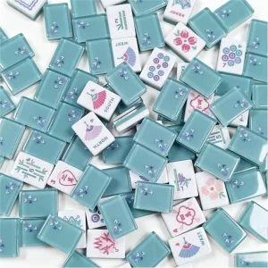 Pastel Blue American Mahjong Tiles Glossy Base with Cute Hand Drawn Flower Illustrations Standard Size