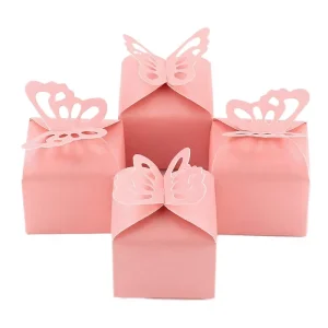 Pearl Pink Paper Favor Boxes with Butterfly Closure Food Grade Disposable Gift Box for Wedding Candy Party