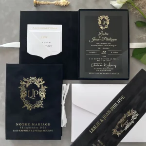 Personalised Custom Black Suede Boxed Invitations Acrylic Wedding Cards Gold Foil Velvet Lined Presentation Box with Tassel