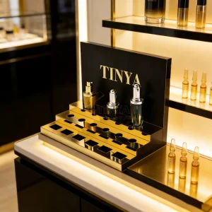 Personalized Design Acrylic Desktop Skincare Stand Luxury Eye Cream Rack Black Gold Premium Beauty Store Display