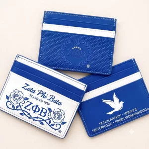 Personalized Engraved Greek Collegiate Blue White PU Leather RFID Blocking Slim 6 Credit Name Card Holder