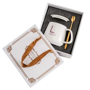 Personalized Marble Patterned Ceramic Wedding Mug Set with Gift Box Lid Spoon