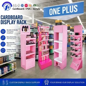 Pink 4-Tier Floor Cardboard Display Stand Makeup and Skin Care Paper Rack for Retail Shop POS Shelf