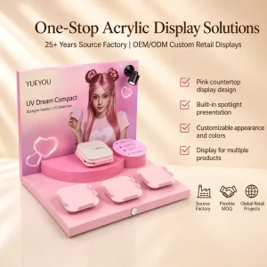 Pink Gradient Acrylic Eco Friendly Lightweight Makeup Compact Display Stand Built in Spotlight Custom Printed Backboard Rack