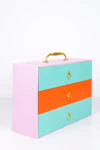 Pink Outer 3 Drawer Rigid Gift Box with Cyan Orange Panels & Gold Metal Handles Recyclable Custom Logo Cosmetic Storage Box
