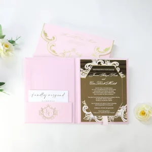 Pink Velvet Gold Foil Folio Envelope Hot Stamped Octagon Mirror Acrylic Custom Wedding Invitation