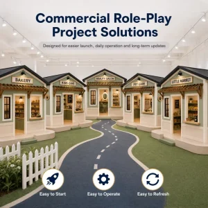 Playhouse Modular Front Counter Window ISO 9001 Quality Managed Family Entertainment Center Traffic Road